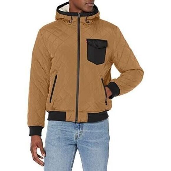 Levi's Men's Sz M Brown/Black Diamond Quilted Sherpa Lined Bomber Jacket - Picture 1 of 15